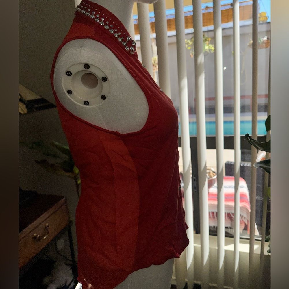 Eye Candy Red Studded Collar Sleeveless Button Down Top - Size Small - Picture 6 of 11